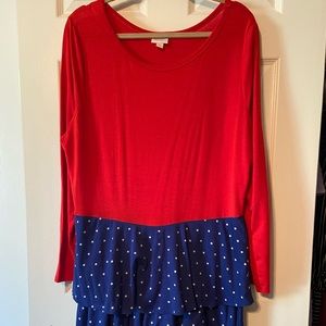 Red and Blue with Polka Dot Ruffle Long-Sleeve LuLaRoe Dress